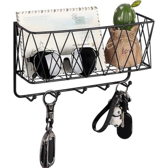 Entryway Mail Holder with Key Hooks,11.0" L×2.6"W×5.1"H,Wall Mounted Matte Black - Picture 6 of 6